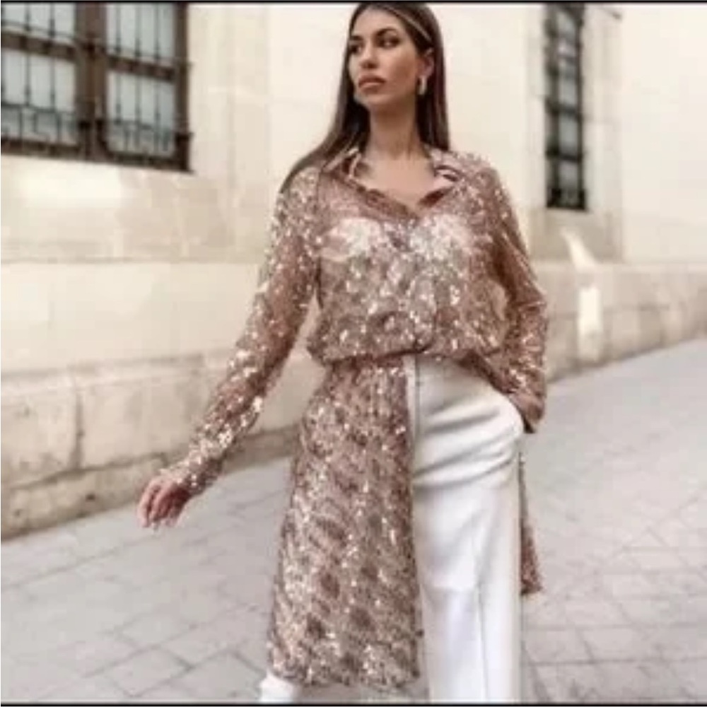 ZARA rose gold sequin collared duster with snap-up front. - Picture 2 of 15